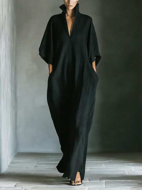 Black Cotton Blend Oversized Kimono-Sleeve Maxi Dress with Pockets for Women