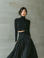 Black Fitted Turtleneck Cropped Top with Long Skirt Set for Women