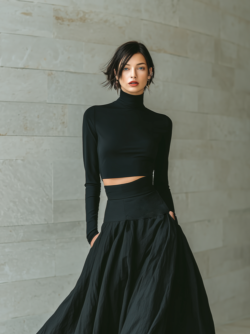 Black Fitted Turtleneck Cropped Top with Long Skirt Set for Women