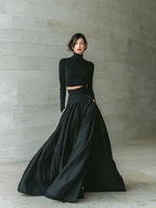 Black Fitted Turtleneck Cropped Top with Long Skirt Set for Women