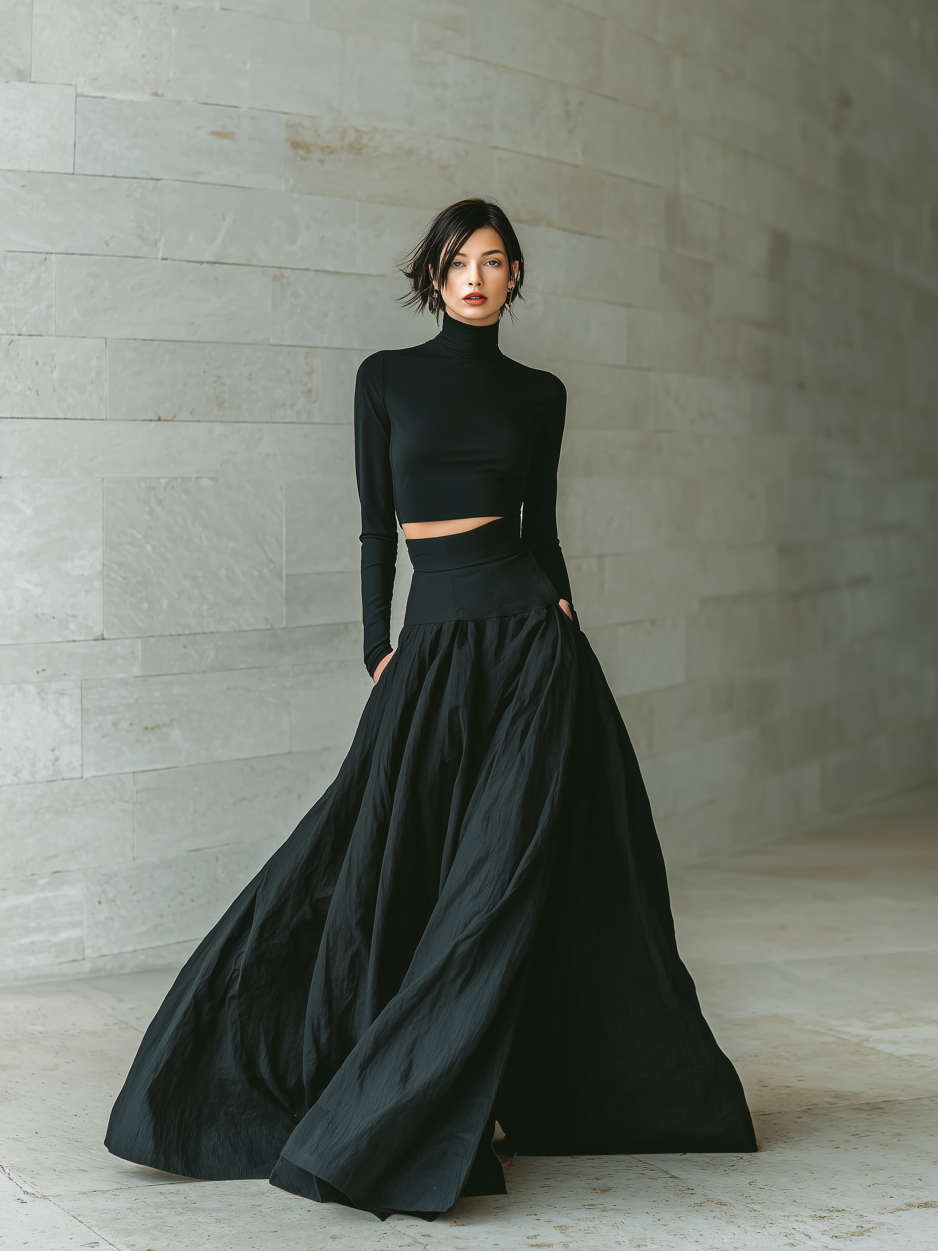 Black Fitted Turtleneck Cropped Top with Long Skirt Set for Women