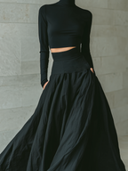 Black Fitted Turtleneck Cropped Top with Long Skirt Set for Women