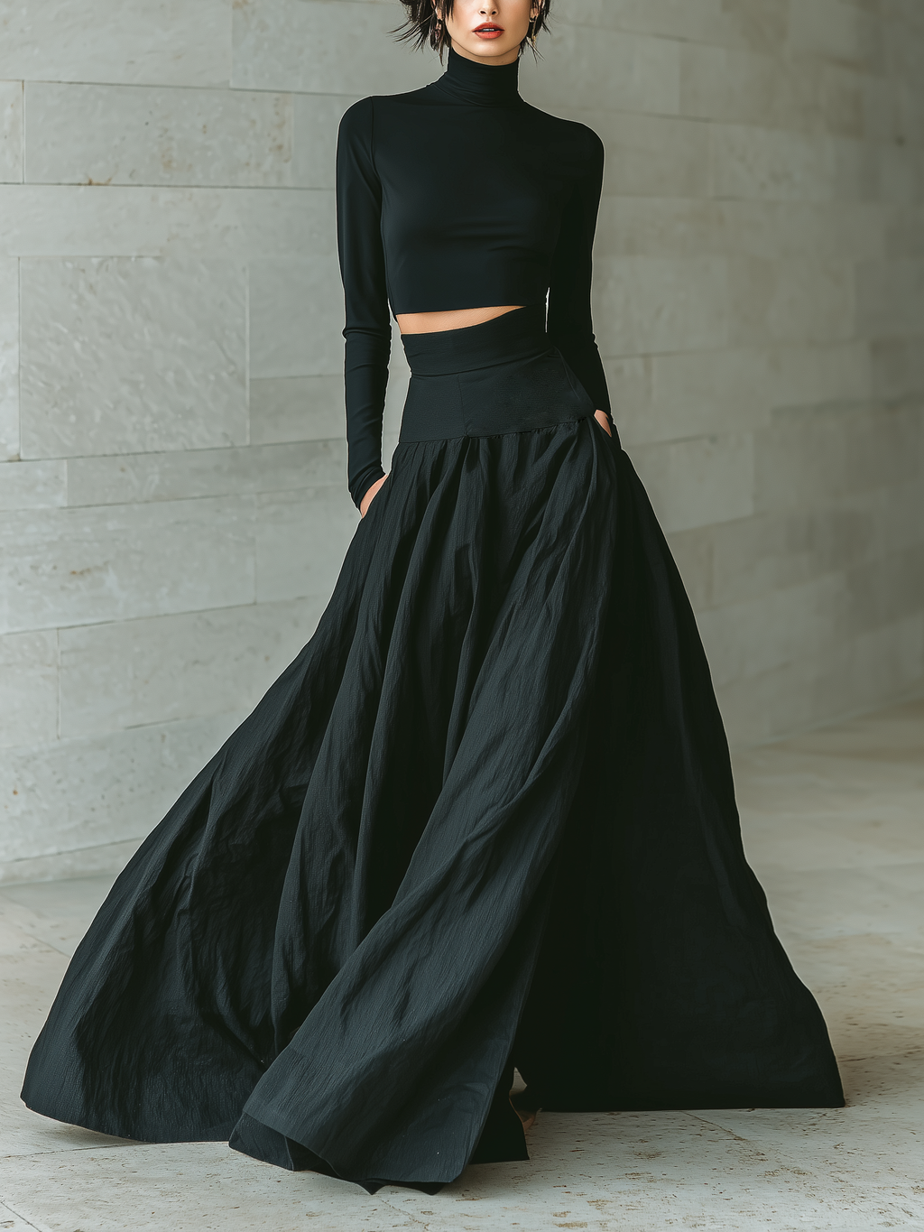 Black Fitted Turtleneck Cropped Top with Long Skirt Set for Women