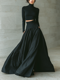 Black Fitted Turtleneck Cropped Top with Long Skirt Set for Women