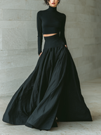 Black Fitted Turtleneck Cropped Top with Long Skirt Set for Women