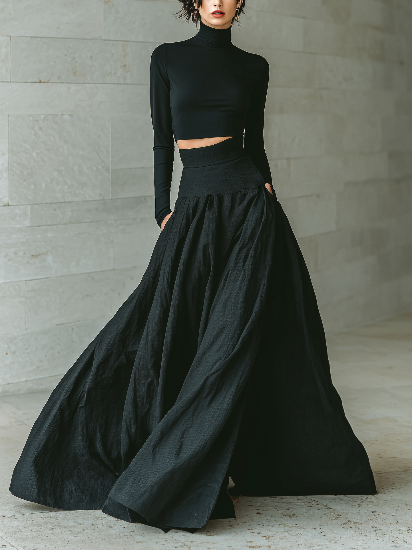 Black Fitted Turtleneck Cropped Top with Long Skirt Set for Women