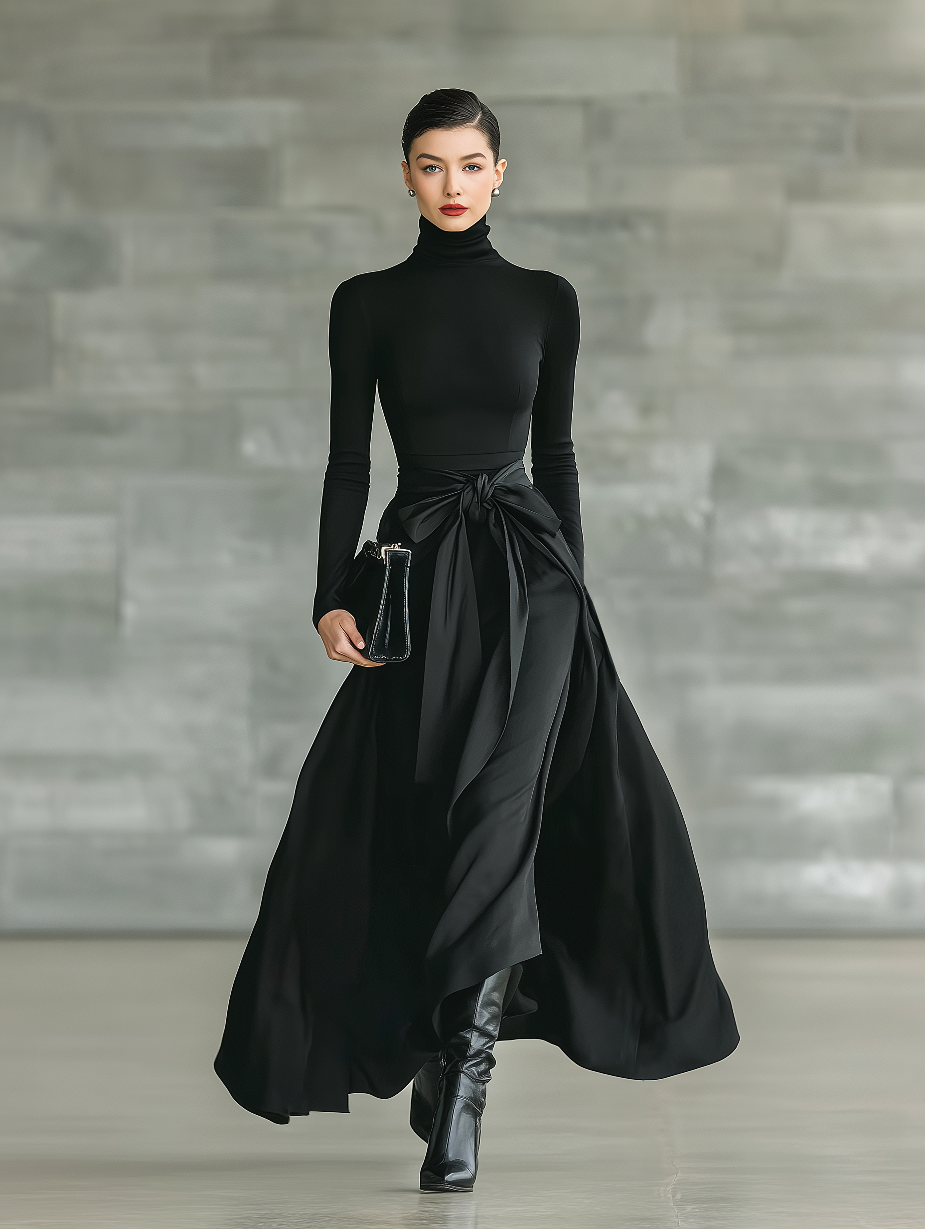 Black High-Neck Knitted Satin Flared Maxi Dress for Women - MDA2851J4T