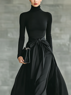 Black High-Neck Knitted Satin Flared Maxi Dress for Women - MDA2851J4T