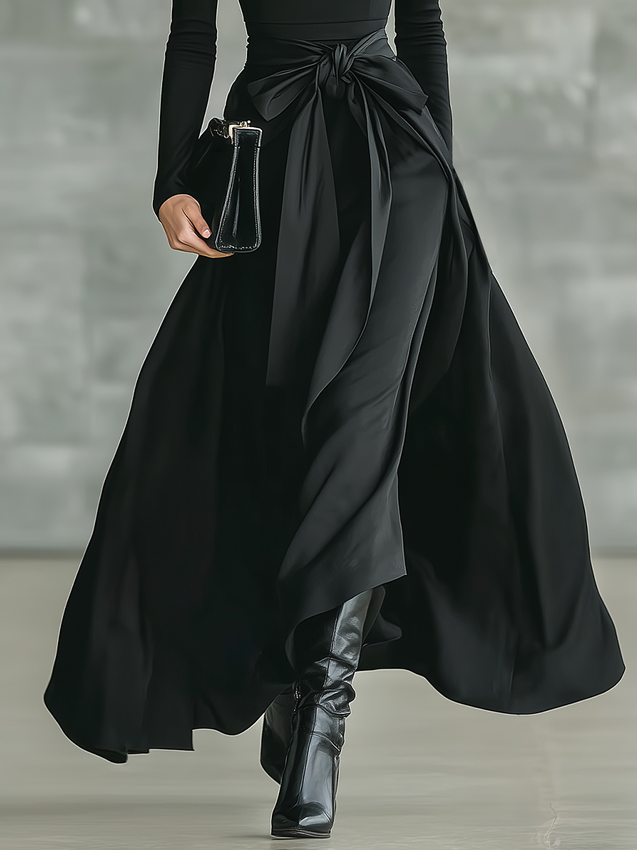 Black High-Neck Knitted Satin Flared Maxi Dress for Women - MDA2851J4T