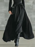 Black High-Neck Knitted Satin Flared Maxi Dress for Women - MDA2851J4T
