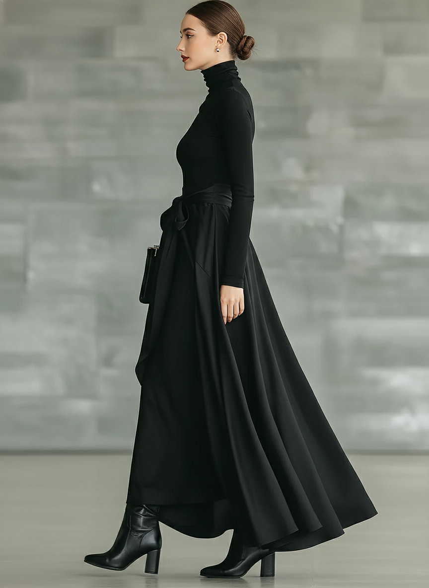 Black High-Neck Knitted Satin Flared Maxi Dress for Women - MDA2851J4T