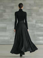 Black High-Neck Knitted Satin Flared Maxi Dress for Women - MDA2851J4T