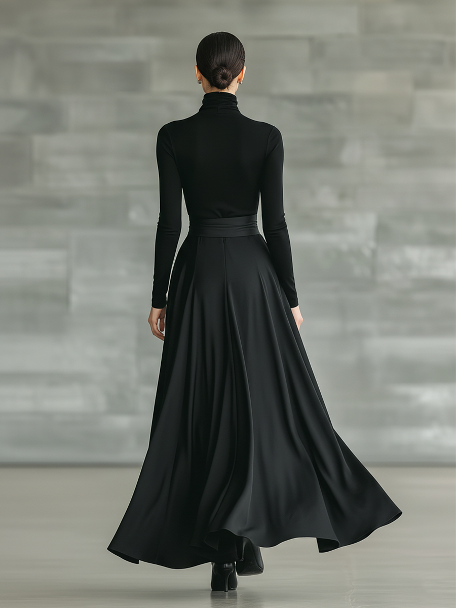 Black High-Neck Knitted Satin Flared Maxi Dress for Women - MDA2851J4T