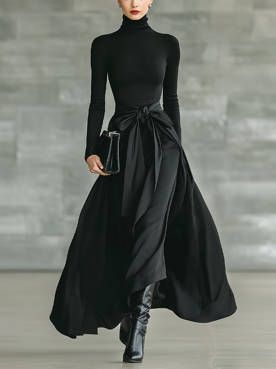 Black High-Neck Knitted Satin Flared Maxi Dress for Women - MDA2851J4T