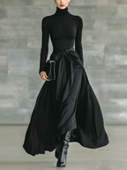 Black High-Neck Knitted Satin Flared Maxi Dress for Women - MDA2851J4T