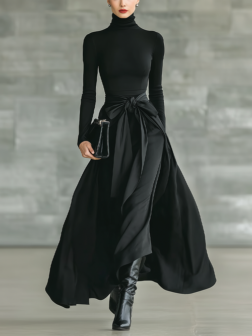 Black High-Neck Knitted Satin Flared Maxi Dress for Women - MDA2851J4T