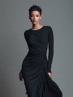 Black Jersey Knit Ruched Maxi Dress for Women - Elegant Evening Wear