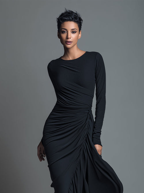 Black Jersey Knit Ruched Maxi Dress for Women - Elegant Evening Wear