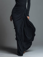 Black Jersey Knit Ruched Maxi Dress for Women - Elegant Evening Wear