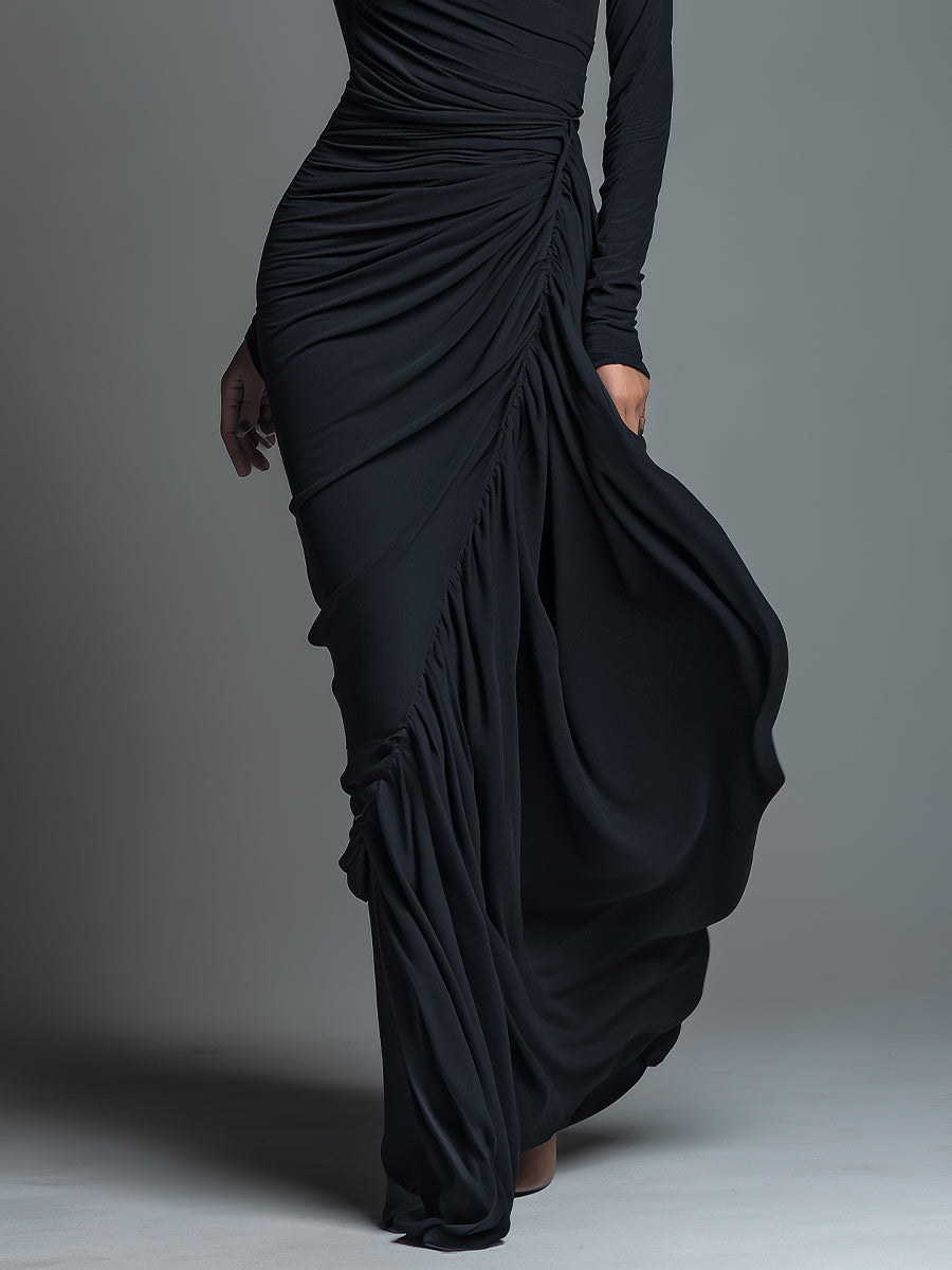 Black Jersey Knit Ruched Maxi Dress for Women - Elegant Evening Wear