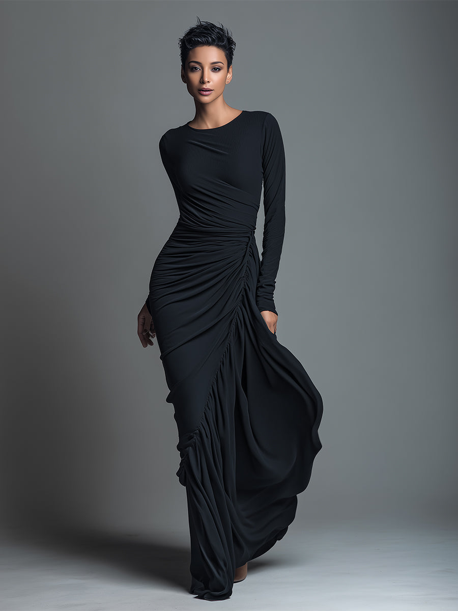 Black Jersey Knit Ruched Maxi Dress for Women - Elegant Evening Wear