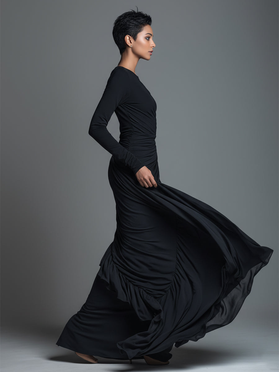 Black Jersey Knit Ruched Maxi Dress for Women - Elegant Evening Wear