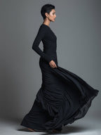 Black Jersey Knit Ruched Maxi Dress for Women - Elegant Evening Wear