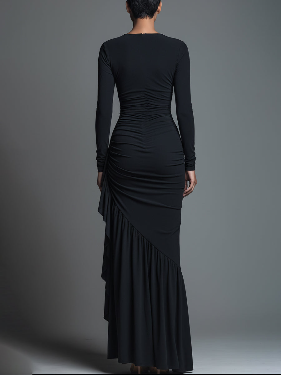 Black Jersey Knit Ruched Maxi Dress for Women - Elegant Evening Wear