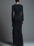 Black Jersey Knit Ruched Maxi Dress for Women - Elegant Evening Wear