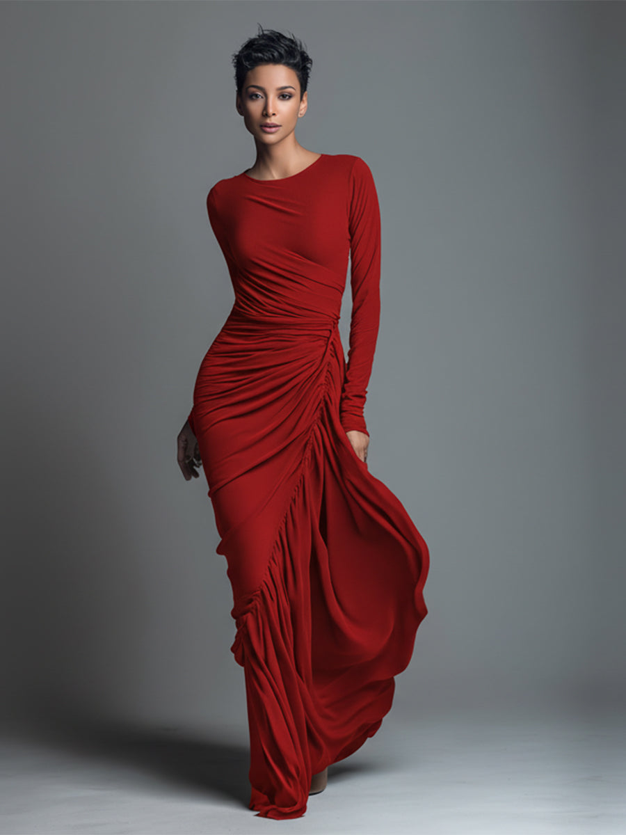 Black Jersey Knit Ruched Maxi Dress for Women - Elegant Evening Wear