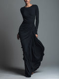 Black Jersey Knit Ruched Maxi Dress for Women - Elegant Evening Wear