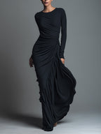 Black Jersey Knit Ruched Maxi Dress for Women - Elegant Evening Wear