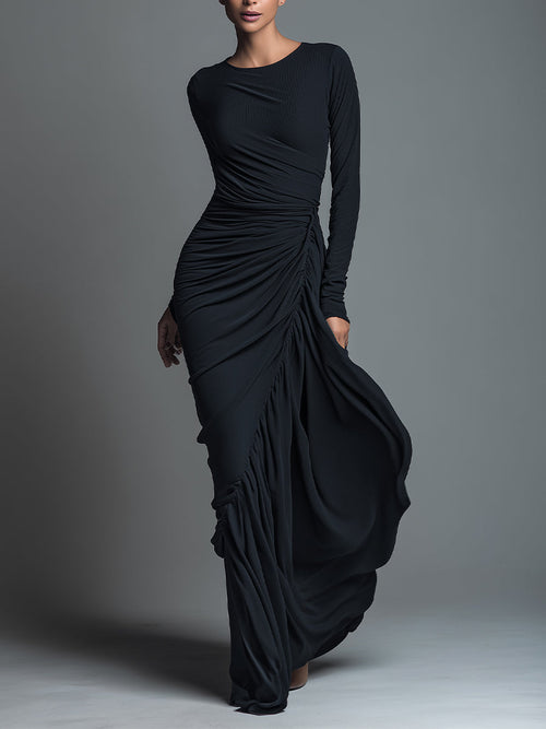 Black Jersey Knit Ruched Maxi Dress for Women - Elegant Evening Wear