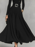 Black Knit High Neck Maxi Dress with Button Detail for Women