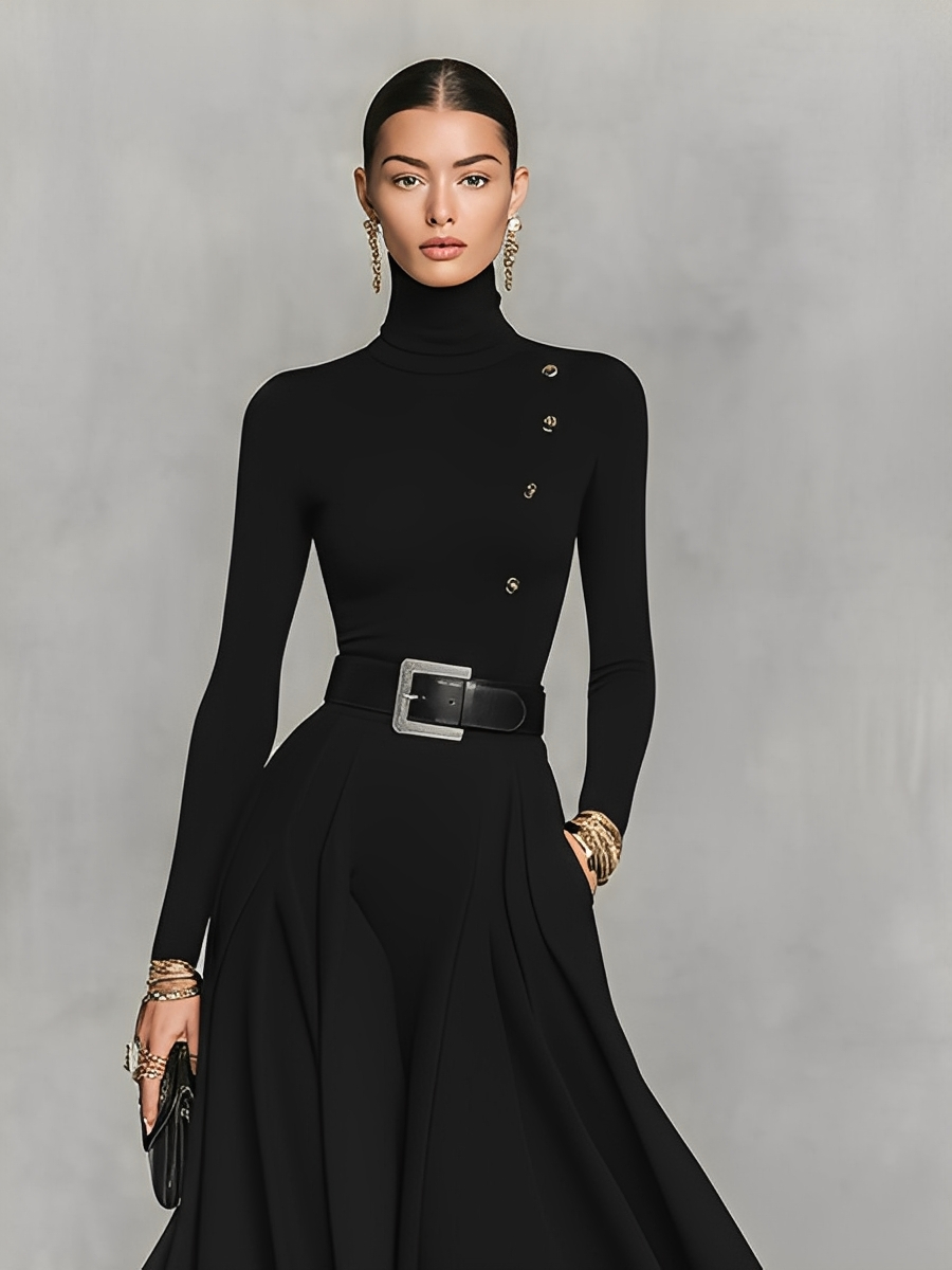 Black Knit High Neck Maxi Dress with Button Detail for Women