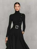 Black Knit High Neck Maxi Dress with Button Detail for Women
