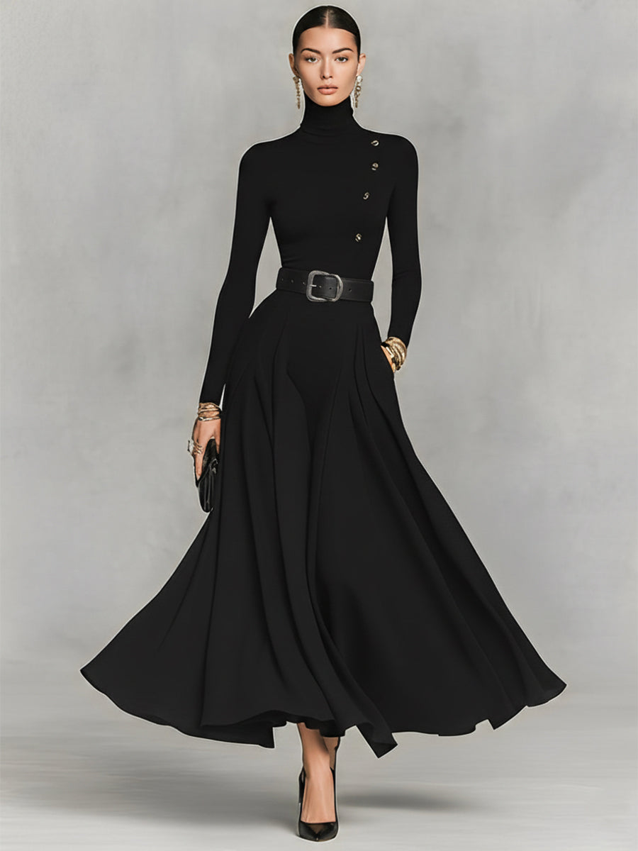 Black Knit High Neck Maxi Dress with Button Detail for Women