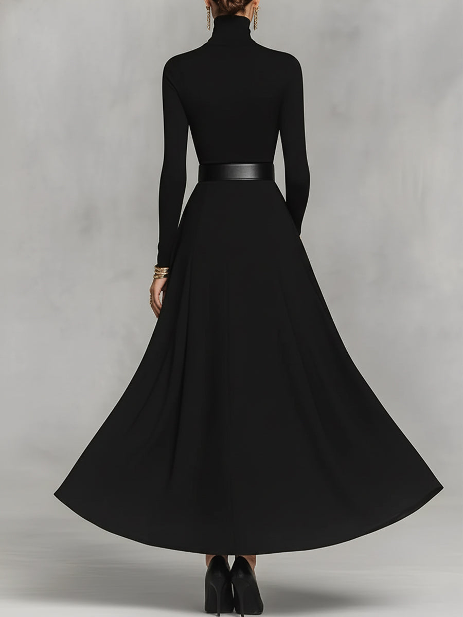 Black Knit High Neck Maxi Dress with Button Detail for Women
