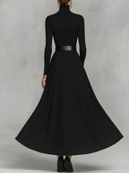 Black Knit High Neck Maxi Dress with Button Detail for Women