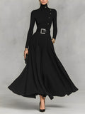 Black Knit High Neck Maxi Dress with Button Detail for Women