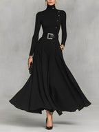 Black Knit High Neck Maxi Dress with Button Detail for Women