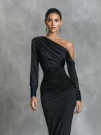 Black Satin One-Shoulder Ruched Mermaid Maxi Dress for Women