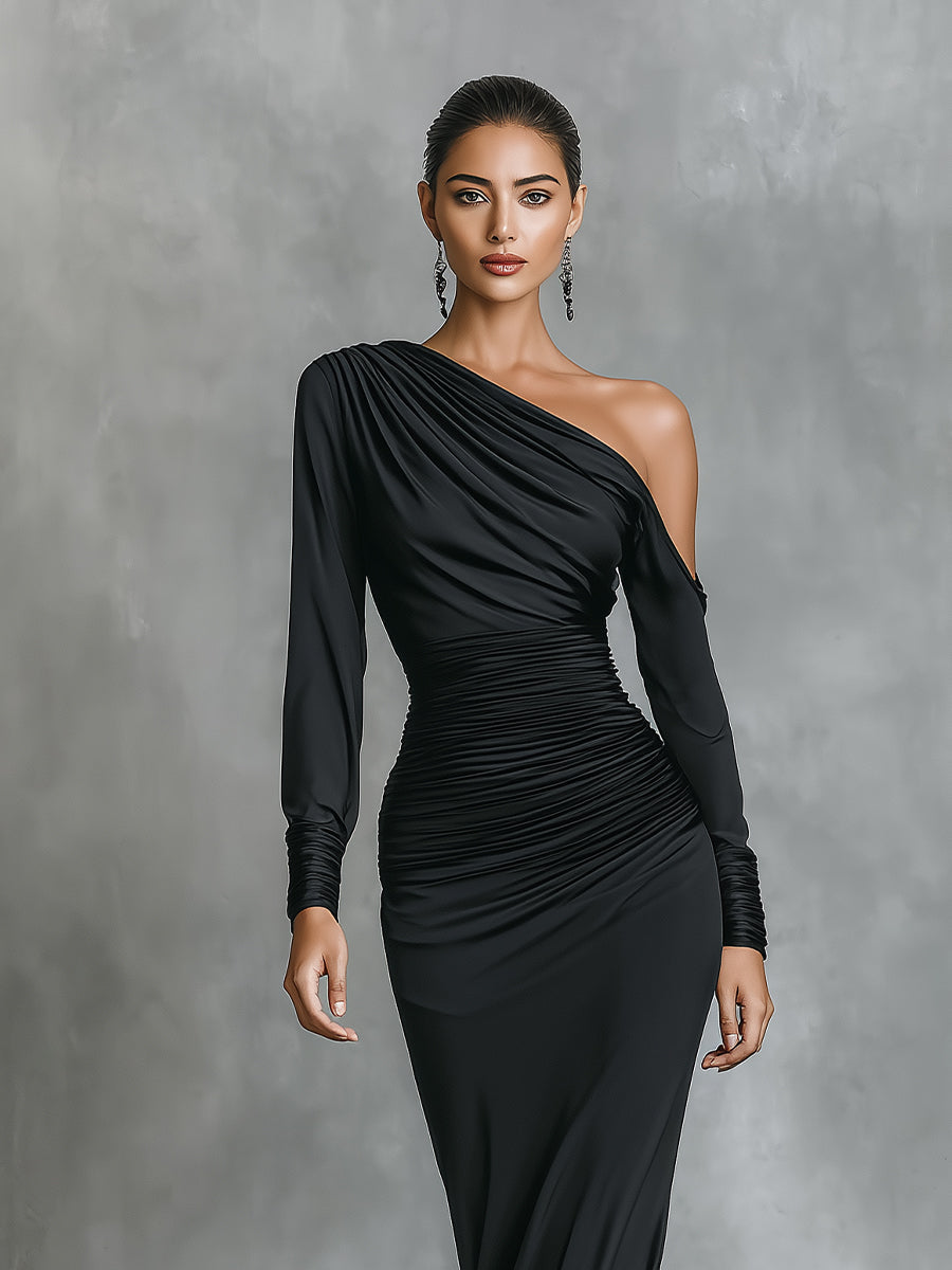 Black Satin One-Shoulder Ruched Mermaid Maxi Dress for Women