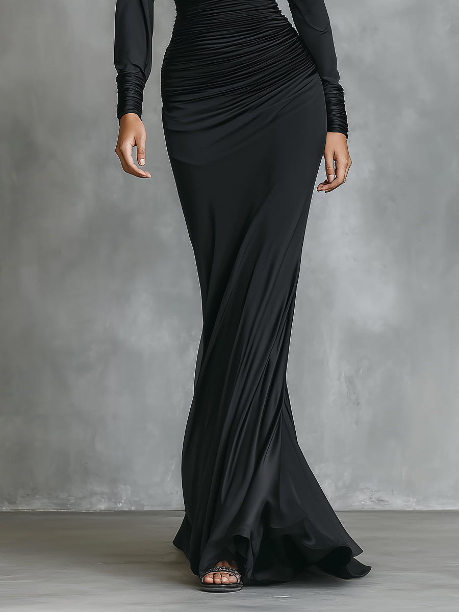 Black Satin One-Shoulder Ruched Mermaid Maxi Dress for Women