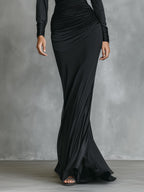 Black Satin One-Shoulder Ruched Mermaid Maxi Dress for Women