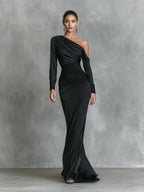 Black Satin One-Shoulder Ruched Mermaid Maxi Dress for Women