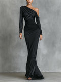 Black Satin One-Shoulder Ruched Mermaid Maxi Dress for Women