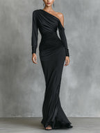 Black Satin One-Shoulder Ruched Mermaid Maxi Dress for Women