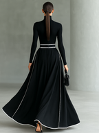 Black Stitching White Trim High Collar Long Sleeve Maxi Dress for Women