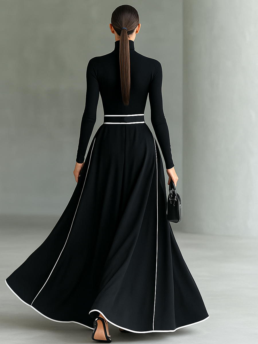 Black Stitching White Trim High Collar Long Sleeve Maxi Dress for Women